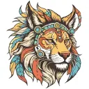 front view, left side wolf, right side lion face with mane, wearing indian cherokee head piece. colored. please. tattoo design idea