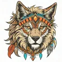 front view, left side wolf, right side lion face with mane, wearing indian cherokee head piece. colored. please. tattoo design idea