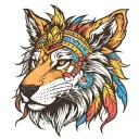front view, left side wolf, right side lion face with mane, wearing indian cherokee head piece. colored. please. tattoo design idea