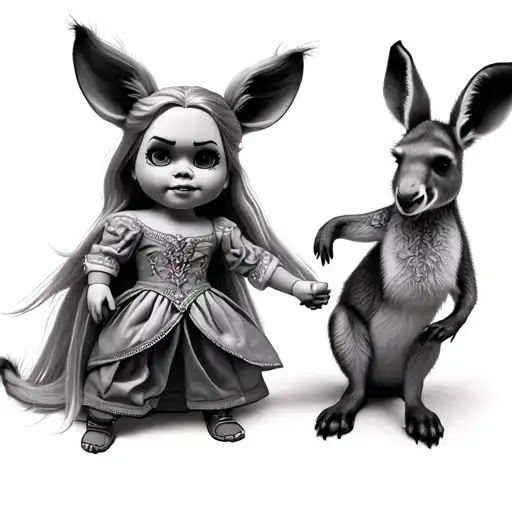 Chucky doll wearing frozen Elsa dress holding hands with a kangaroo tattoo design idea