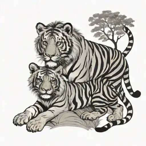 Tigress with two lion cubs in nature full-length on a hunt black and white. Tattoo on the forearm of a girl tattoo design idea