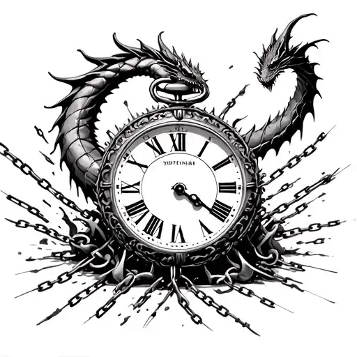 a clock being attacked by a dragon claw in chains breaking and bursting tattoo design idea
