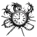 a clock being attacked by a dragon claw in chains breaking and bursting tattoo design idea
