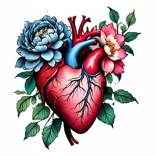A neo-traditional Italian-style tattoo flash of an anatomical heart splitting open with a blooming peony flower emerging tattoo design idea