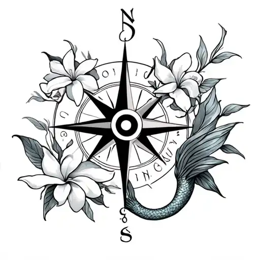 full mermaid, Pisces symbol, frangipani and compass tattoo design idea