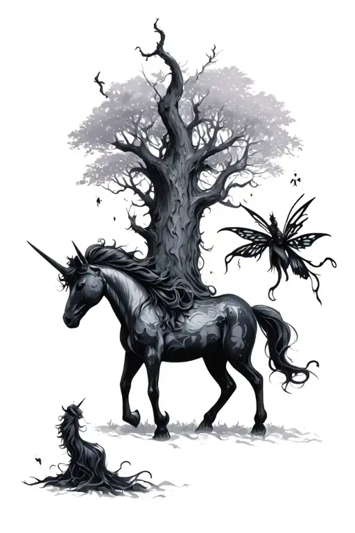 Dark forest with a black unicorn and evil faery tattoo design idea