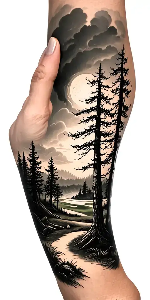 creepy forest scene with stormy sky golf course golf ball tattoo design idea