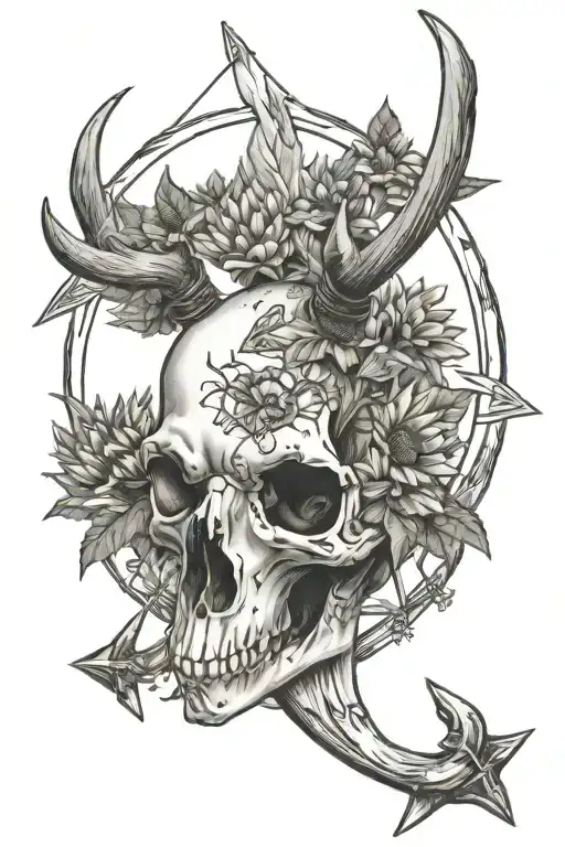 white tail deer skull with arrow and sunflowers and cactus  tattoo design idea