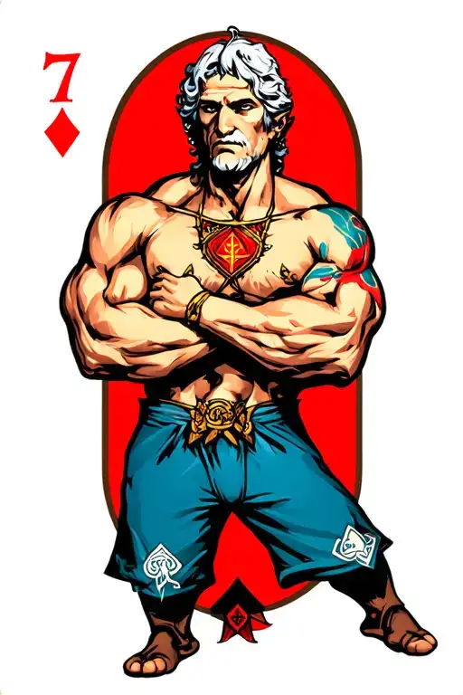 muscular old Hermes with the 7 of diamonds in his right hand, 2 of spades in his left, arms crossed across his chest tattoo design idea