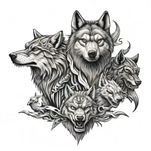 A evil realistic totem pole with the heads of a wolf, dragon, bear, shark together like family tattoo design idea