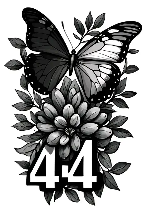 Patchwork tattoo featuring olive branches, butterfly and the numbers 444 tattoo design idea
