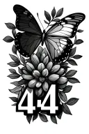 Patchwork tattoo featuring olive branches, butterfly and the numbers 444 tattoo design idea