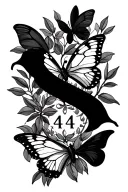 Patchwork tattoo featuring olive branches, butterfly and the numbers 444 tattoo design idea