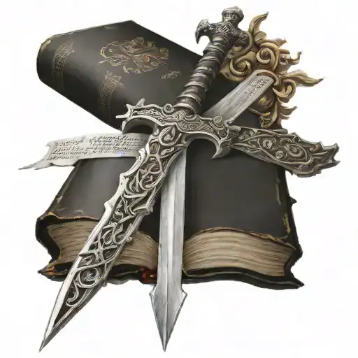 sword with bible scripture verses flowing tattoo design idea