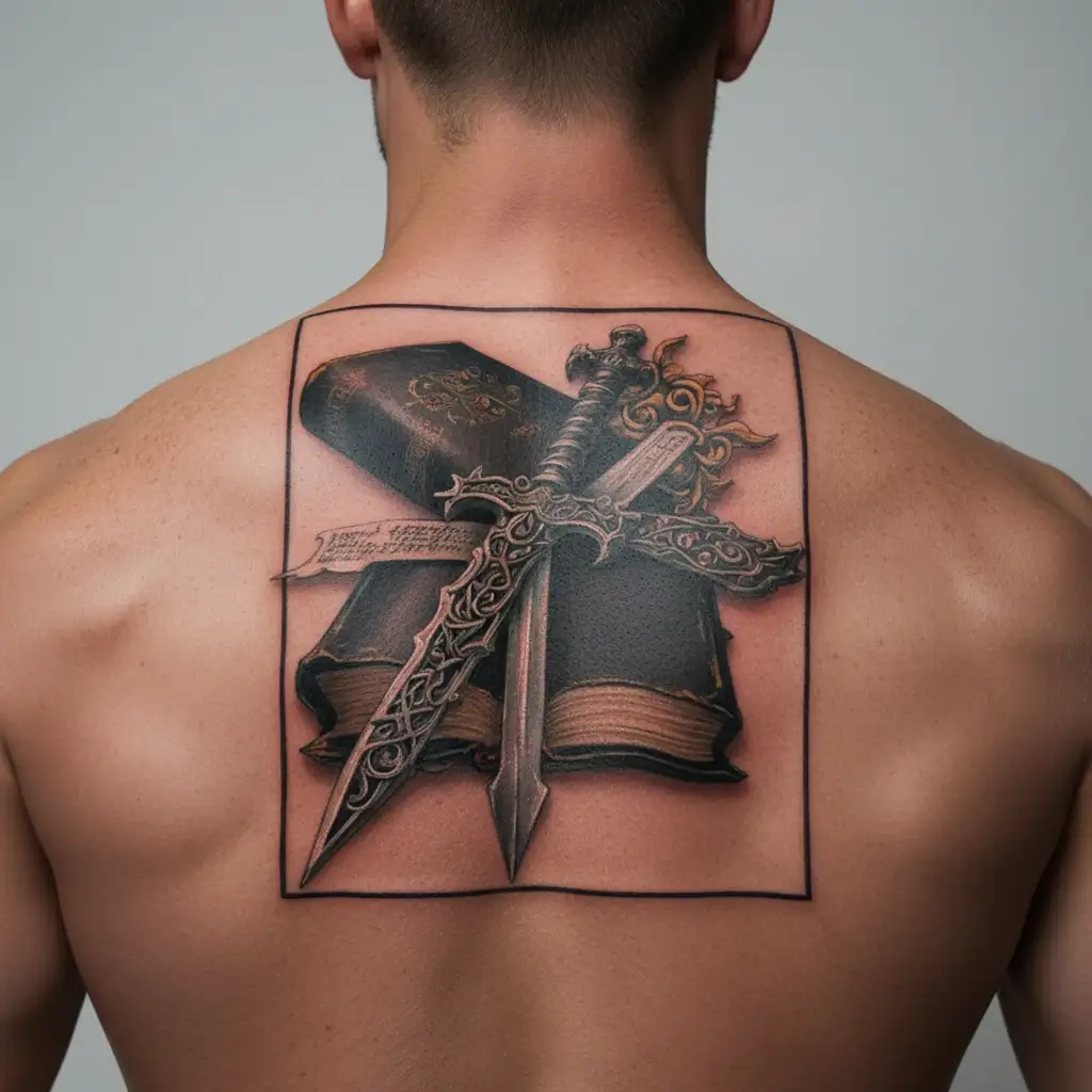 sword with bible scripture verses flowing tattoo design idea