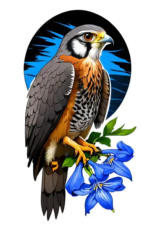 flying kestrel with bluebell flower design tattoo design idea