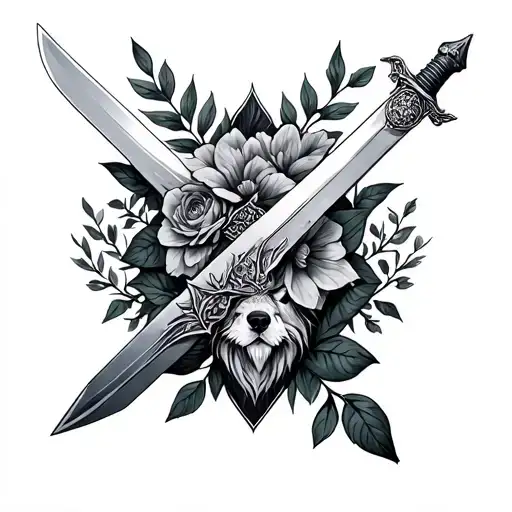Witcher Swords wrapped with flowers and wolf medalion tattoo design idea