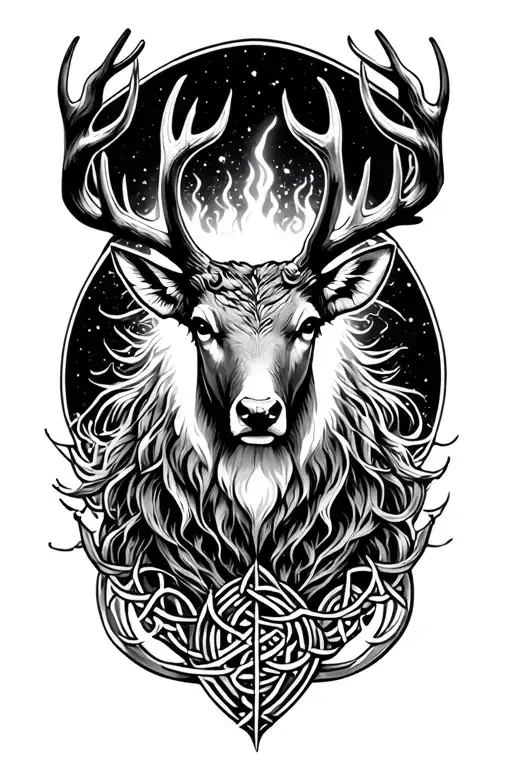 realist front-facing stag celtic god , glowing chest crack, melancholy and hope, ocean and cosmos elements tattoo design idea
