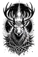 realist front-facing stag celtic god , glowing chest crack, melancholy and hope, ocean and cosmos elements tattoo design idea