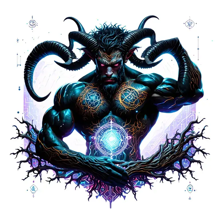 sexy gay male horned satyr with massive bodybuilder muscles flex. cyber tree roots, wild animals and constellations tattoo design idea