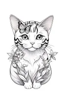 Create a tattoo for the arm. 15-20 cm tall. Fineline style cat with butterfly on the nose and fine flower tendrils. tattoo design idea