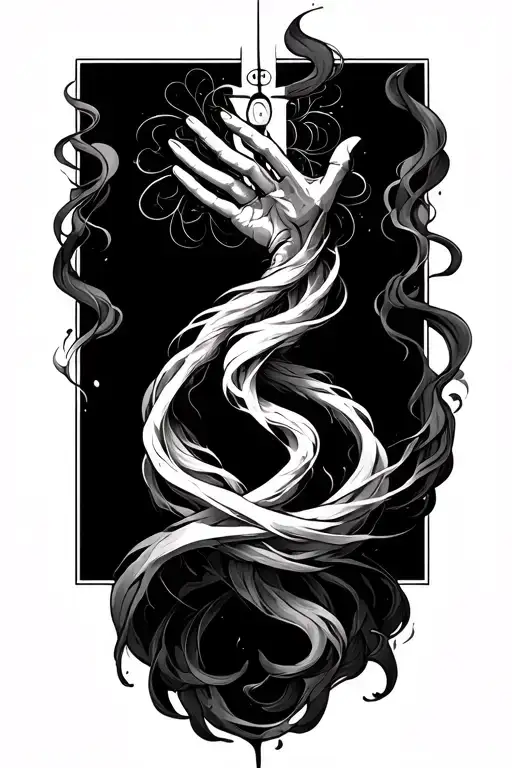 wisps and lines of smoke around arm coming down forming kundalini double helix and become the nazar hand tattoo design idea