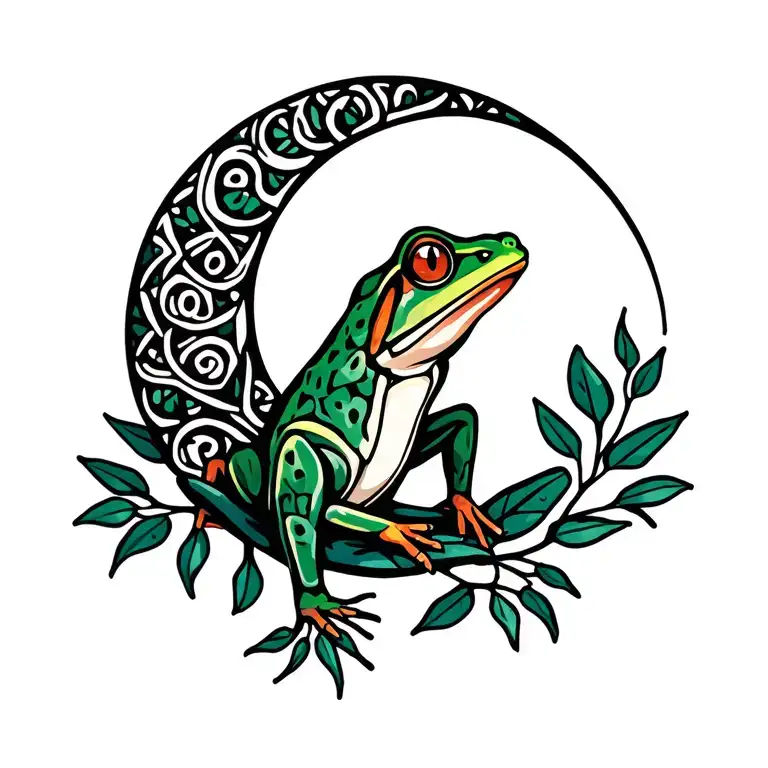 Kambo frog, ayahuasca branch with leaves, waning crescent moon tattoo design idea
