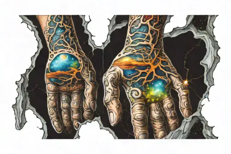 A man sticks his head through a fissure in reality & witnesses the cosmos and a giant hand reaching back into his world tattoo design idea