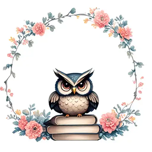 cute owl sitting on stack of antique books with flowers in background tattoo design idea