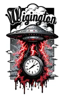 cloud with red lightning striking ufo that is abducting the word Wigington in cursive with melting clock hanging from g tattoo design idea