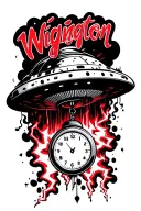cloud with red lightning striking ufo that is abducting the word Wigington in cursive with melting clock hanging from g tattoo design idea