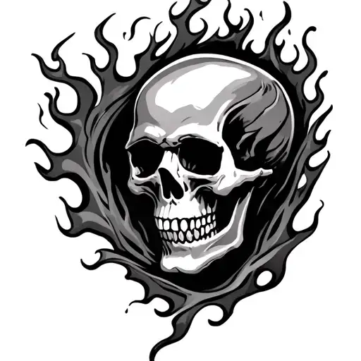 skull and flames left arm sleeve tattoo design idea