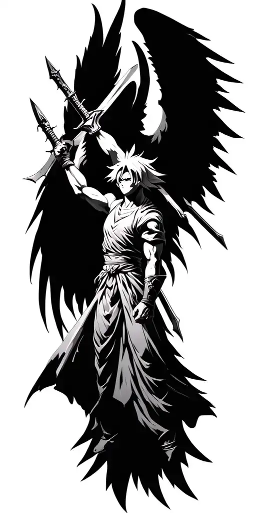angel with 10 swords coming out of back. add goku and imperius from diablo 3  tattoo design idea
