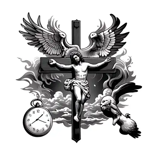 John 13:7 scripture, a crucifix, a dove, a pocket watch, Jesus, earth, wind, and fire, clouds, and include a basketball  tattoo design idea
