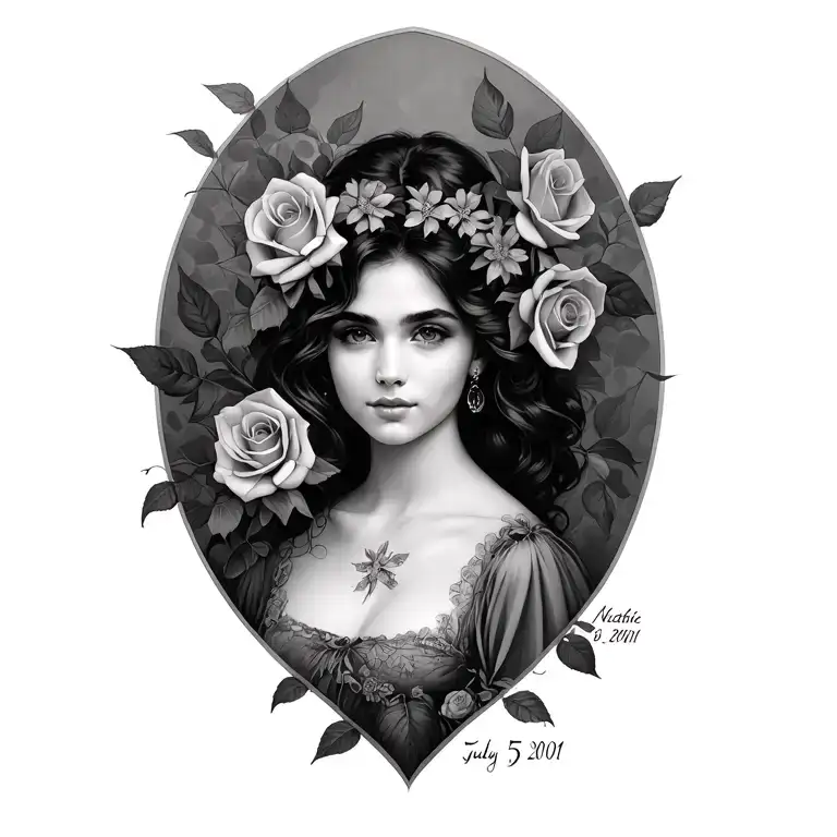 Natalie with roses intertwined and date July 5 2001 tattoo design idea