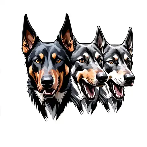 I want the heads of three ferocious wolves  with their ears up, Doberman-style. I want them to look angry, showing their tattoo design idea