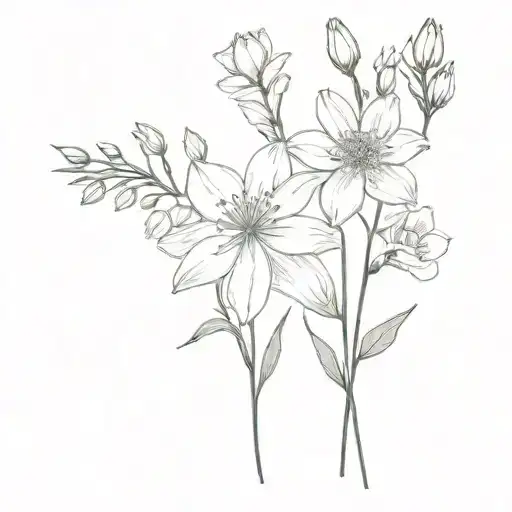bouquet of carnation, cosmos, narcissus, larkspur, water lily flowers tattoo design idea