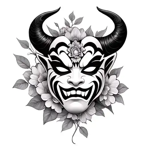 oni mask with flowers tattoo design idea