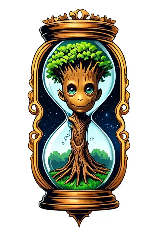 The teenage Groot, a member of the Guardians of the Galaxy, as a tree of life in an hourglass tattoo design idea