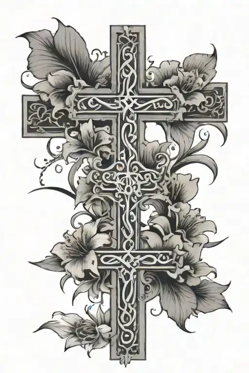 a cross with the word PEACE going down the middle in Japanese with tiger lily flowers around the base of the cross  tattoo design idea