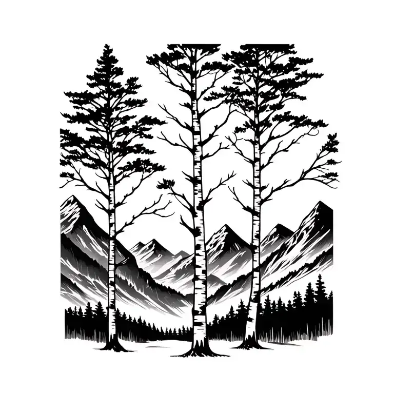 birch trees with mountains in the background tattoo design idea