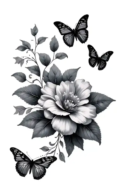 flowers and leaves and 3 butterflies flying tattoo design idea