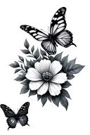 flowers and leaves and 3 butterflies flying tattoo design idea