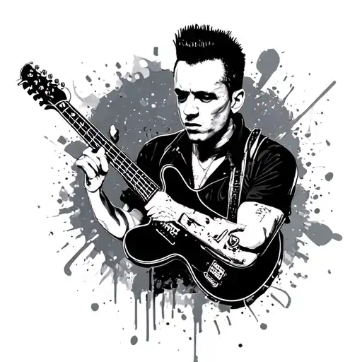 of Joe Strummer of the Clash with a mohawk holding his telecaster guitar in a trash polka tattoo style tattoo design idea