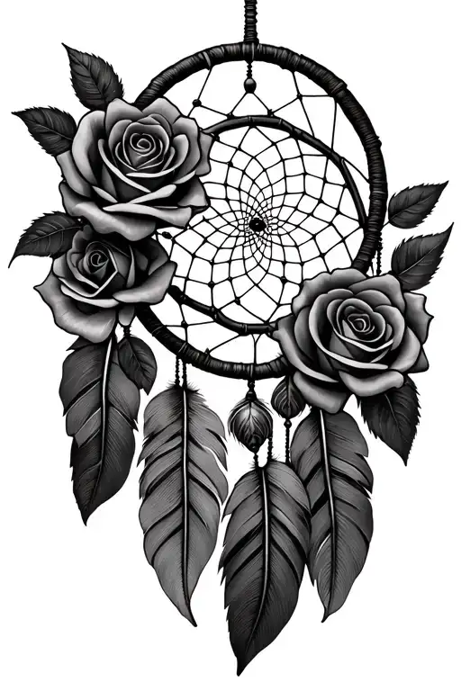 dream catcher with roses black and grey tattoo design idea