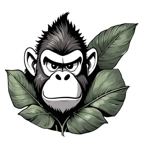 donkey Kong with a smug look peeking through monstera leaves tattoo design idea