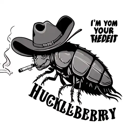cockroach smoking a cig wearing a cowboy hat saying I’m your huckleberry tattoo design idea