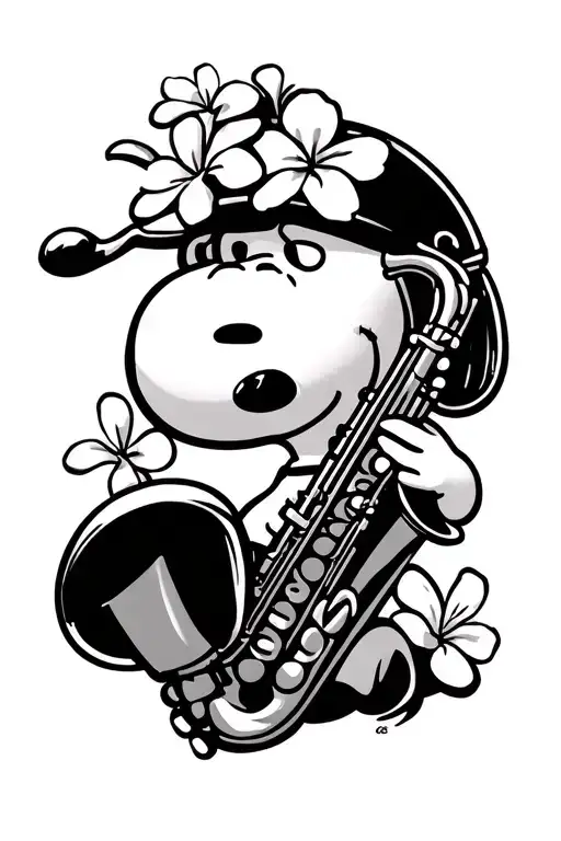 Snoopy playing an alto Saxophone with plumeria flowers on the bell tattoo design idea
