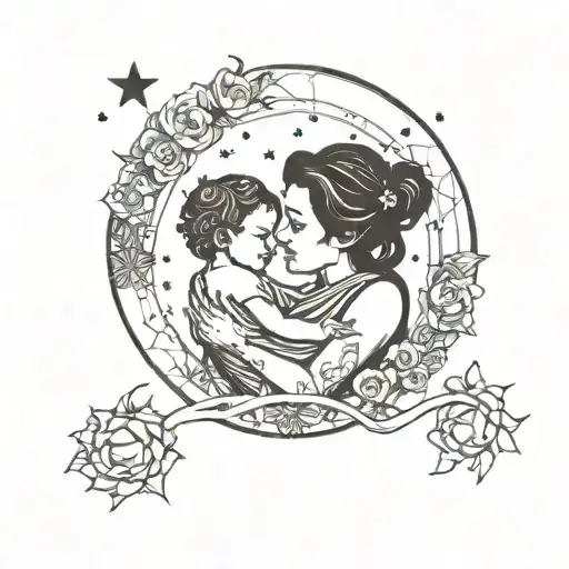 outline of mother holding her baby under the night sky tattoo design idea