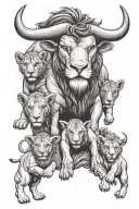 an angry bull watching over 2 lion cubs with a libra zodiac sign tattoo design idea